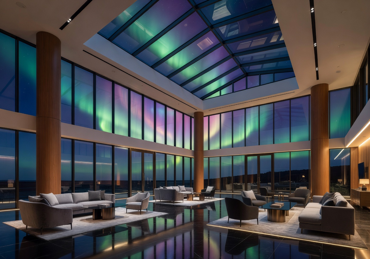 Luxury Helsinki aurora hotel lobby with glass architecture