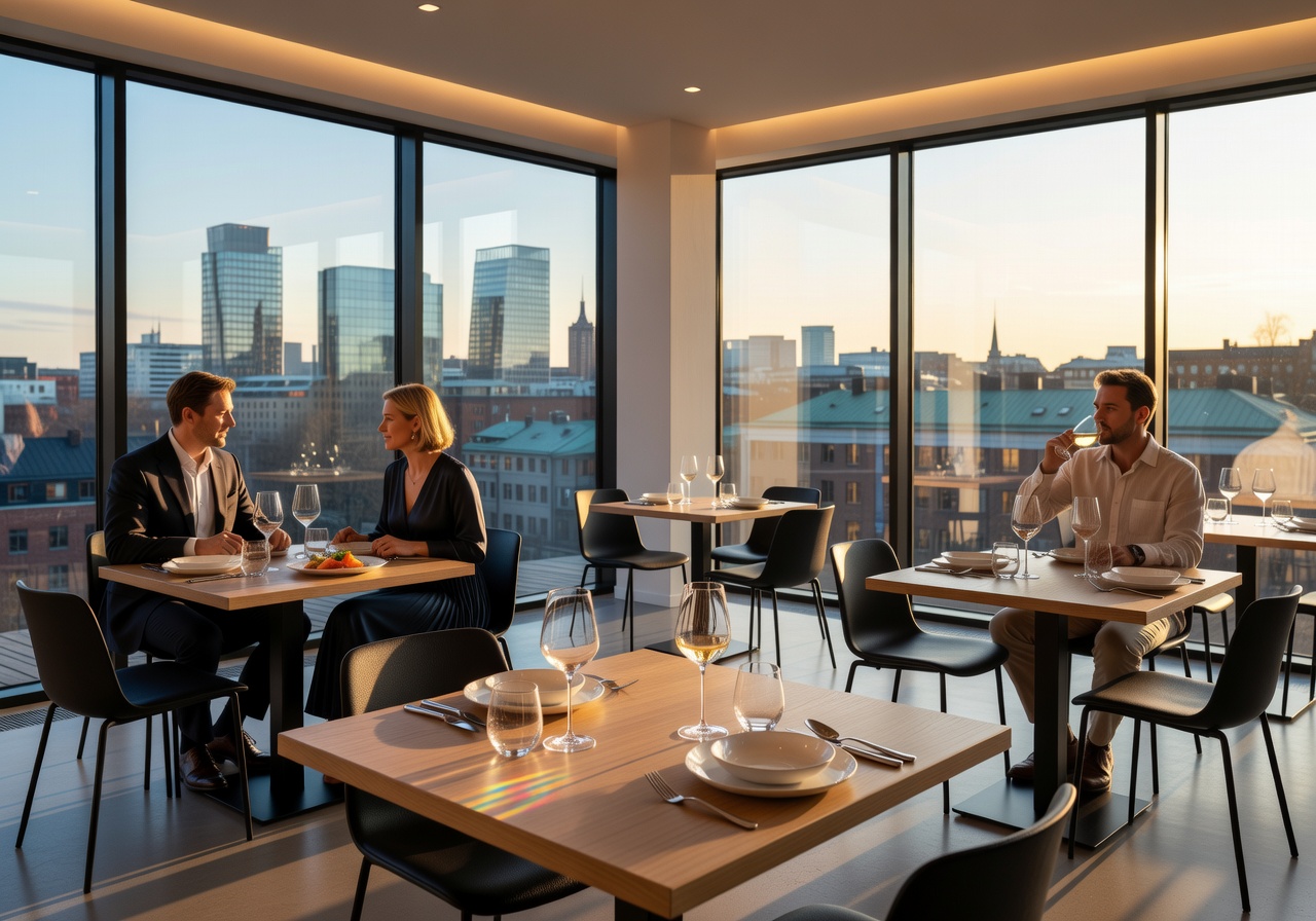 Nordic fine dining restaurant with skyline view
