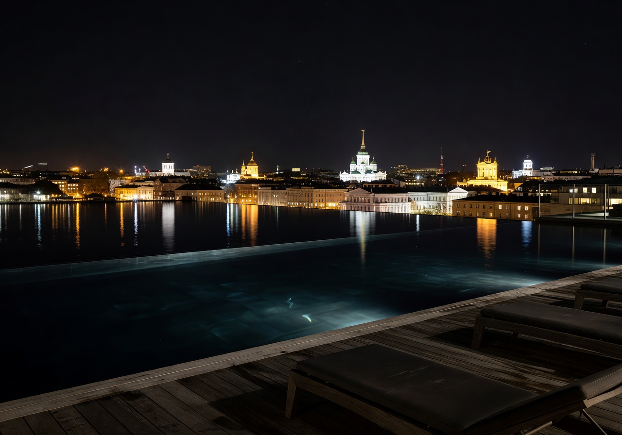 Rooftop infinity pool overlooking Helsinki skyline at night