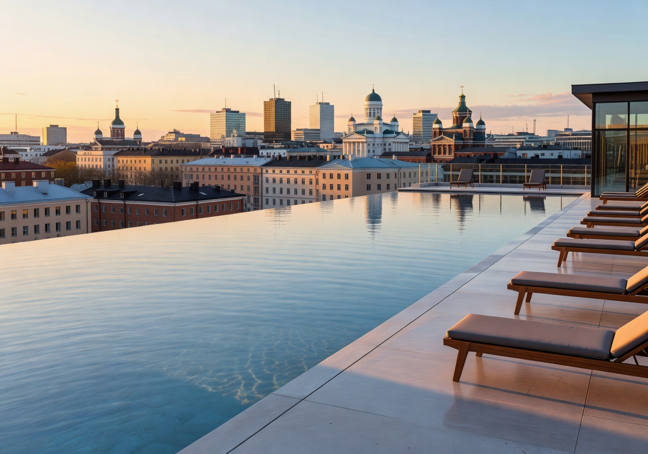 Rooftop infinity pool with Helsinki skyline